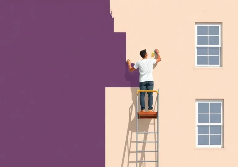 Peintre sur échafaudage traitant la façade d'une maison